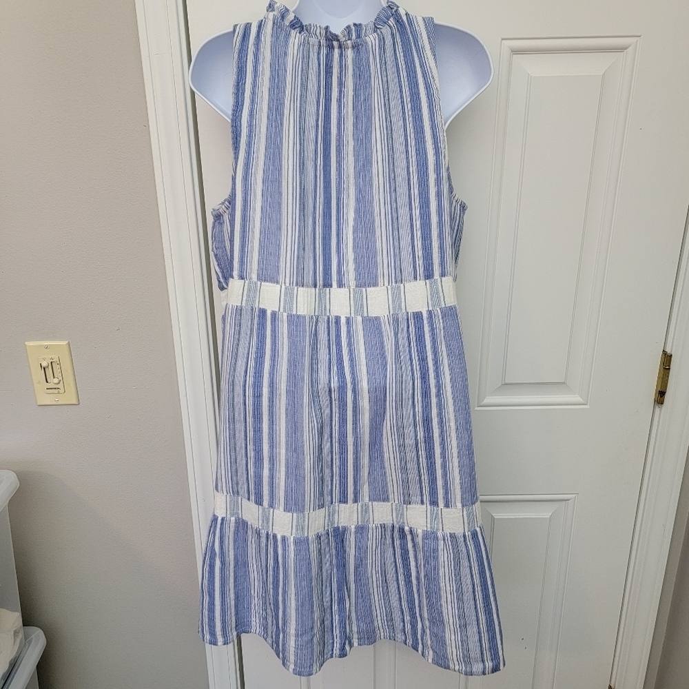 J Jill 100% Cotton Blue White Striped Sleeveless Tiered Dress With Tassels Med - Picture 6 of 12